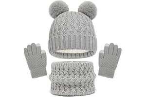 Baynetin Invierno Conjunto de Guantes de Bufanda de Gorro para Niños, Térmico Pompón Beanie Gorro Cálido Grueso Polar Tejido Bufanda Guantes Tactiles Set para Niños Niñas 2-8 Años