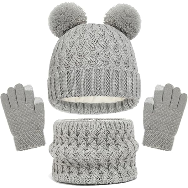 Lot De 3 Gants D'Hiver Pour Enfants Avec Bonnet Et Cache-Cou - Moufles Tactiles - Taille 5 à 14 Ans - Couleurs Bleu, Noir, Gris, Marron, Beige, Kaki