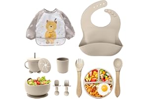 CUBTEM Baby Weaning Set,11PCS Silicone Baby Feeding Set with Suction Bowl and Baby Plate, Silicone Bib,Spoon,Fork & Sippy Cup,BPA Free Weaning Set, Baby Cutlery,Baby Gifts & Presents (Beige)