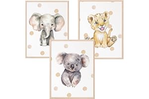 Mutzauber® 3er Set Poster Kinderzimmer A4 | Bilder Kinderzimmer | Deko Babyzimmer Jungen Mädchen | Bilder Bär Tiere Bilder Kinderzimmer ohne Rahmen (Tiere mit Punkten)