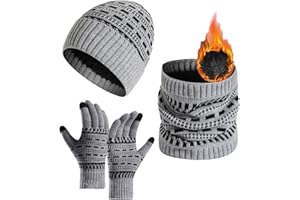 JFAN Set de Bufanda Gorro de Punto y Guantes Hombres Mujeres Conjunto Sombreros de Forro Polar con Cuello Guantes Invierno Cálido 3 Piezas