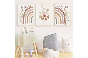 Sarah Duke 3er Set Poster Regenbogen Blume Schmetterling Kinderzimmer Deko, Boho Deko Wandbilder Kinderzimmer Babyzimmer Poster Bilder Mädchen Jungen, Ohne Rahmen (30x40cm)