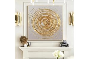 Large Golden Circle Oil Painting on Canvas Fashion Abstract Original Minimalist Gold Leaf Framed Wall Art Living Room 24x24 Inch with Frame