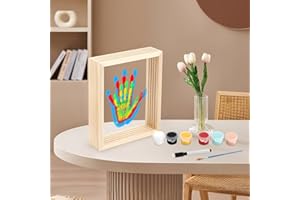 Tapvai Kit d'Empreintes de Mains Familiales,avec Espace pour 4 Empreintes, Cadre en Bois Souvenir Artisanal,avec 6 Couleurs de Pigments, Kit Empreinte Bebe,Pour les futurs et nouveaux parents