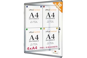‎OFFICEMARSHAL OfficeMarshal Schaukasten 4xA4 inkl. 8 Magnete Infokasten Aushang Aushangkasten Magnetische & beschreibbare Rückwand Plakatschaukasten mit Alurahmen