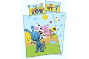 Arle-Living 3 TLG. Baby Bettwäsche Set mit Wende Motiv: Kikaninchen Bauernhof - Renforcé 100x135 cm + 40x60 cm + 1 Spannbettlaken 70x140 cm (mit Laken: gelb)