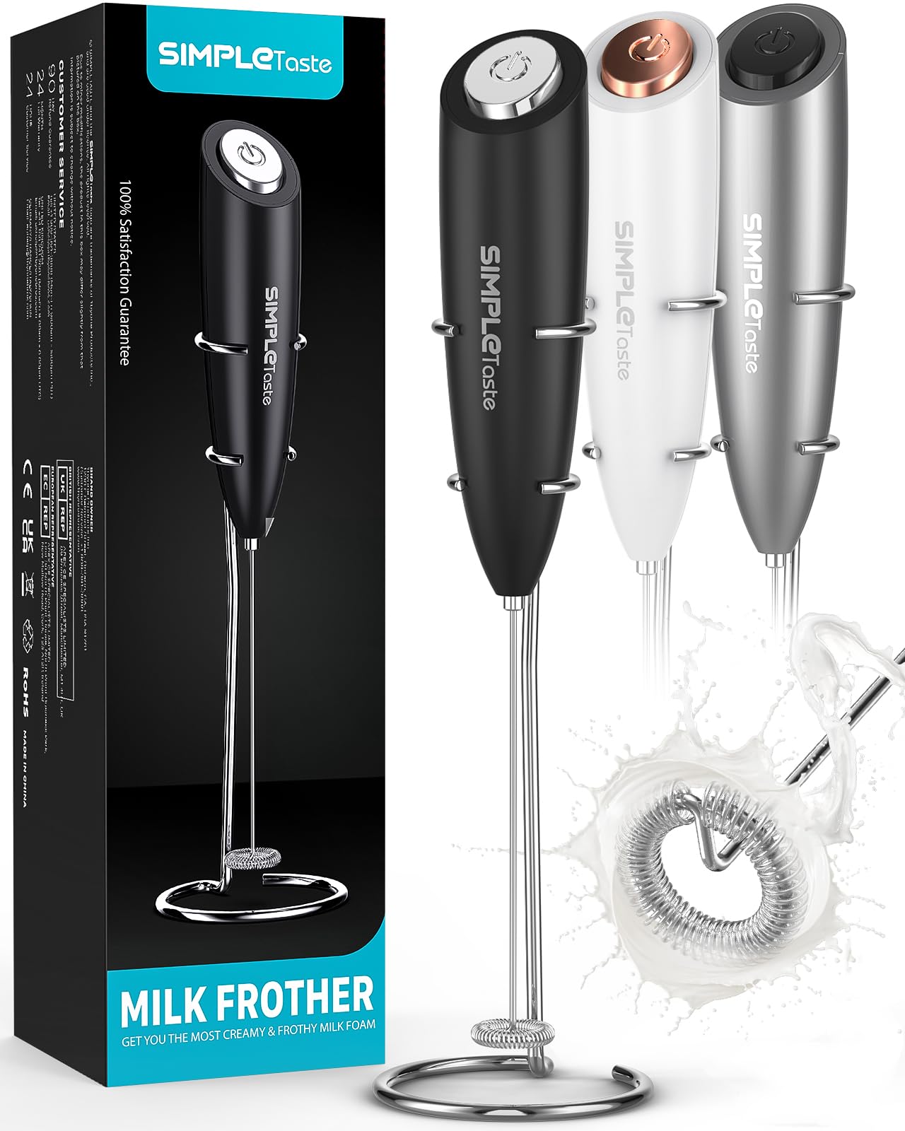 SimpleTaste Electric Milk Frother with Stand, One Touch Handheld Whisk Batteries Powered Cappuccino Coffee Frother Black, 1 y