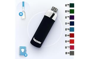 Velesas® Trinkflasche 1l | 500ml mit Schutzhülle | Glasflasche 1l spülmaschinenfest mit Neoprenhülle und Edelstahldeckel | Wasserflasche für Schule, Arbeit, Fitnesssport, BPA-Frei | Schwarz