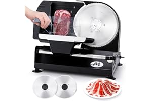 Moongiantgo Cortadora de Fiambre Casa Cortafiambres Eléctrico Profesional con 2x Cuchilla de Acero Inox Extraíble, Ø185mm, Regulador de Grosor 1-20mm, para Pan/Corte Jamon/Carne/Queso/Embutido (220W)