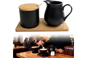 HOSPAOP Set di latte e zucchero con coperchio e cucchiaio, in ceramica, con coperchio in bambù e zuccheriera, incluso vassoio in legno, lavabile in lavastoviglie, ideale per caffè, tazze da cappuccino e