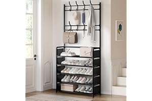 MAXALANCE Coat Rack with Shoe Rack 5 Tiers - 169 cm Shoe Storage Organizer with Hooks, Coat Stand for Hallway, Freestanding Shoe Shelf for Entryway Small Space, Black