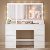 VASAGLE Dressing Table with Mirror, 3 Light Colors, Adjustable Brightness | Makeup Table, 9 Drawers, Modern, Cloud White, Kai