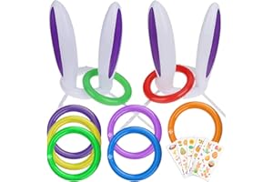 GOLDGE 2pcs Easter Inflatable Bunny Rabbit Ears Hats with 8pcs Rings and 5pcs Stickers (random pattern) Toss Game Set for Easter