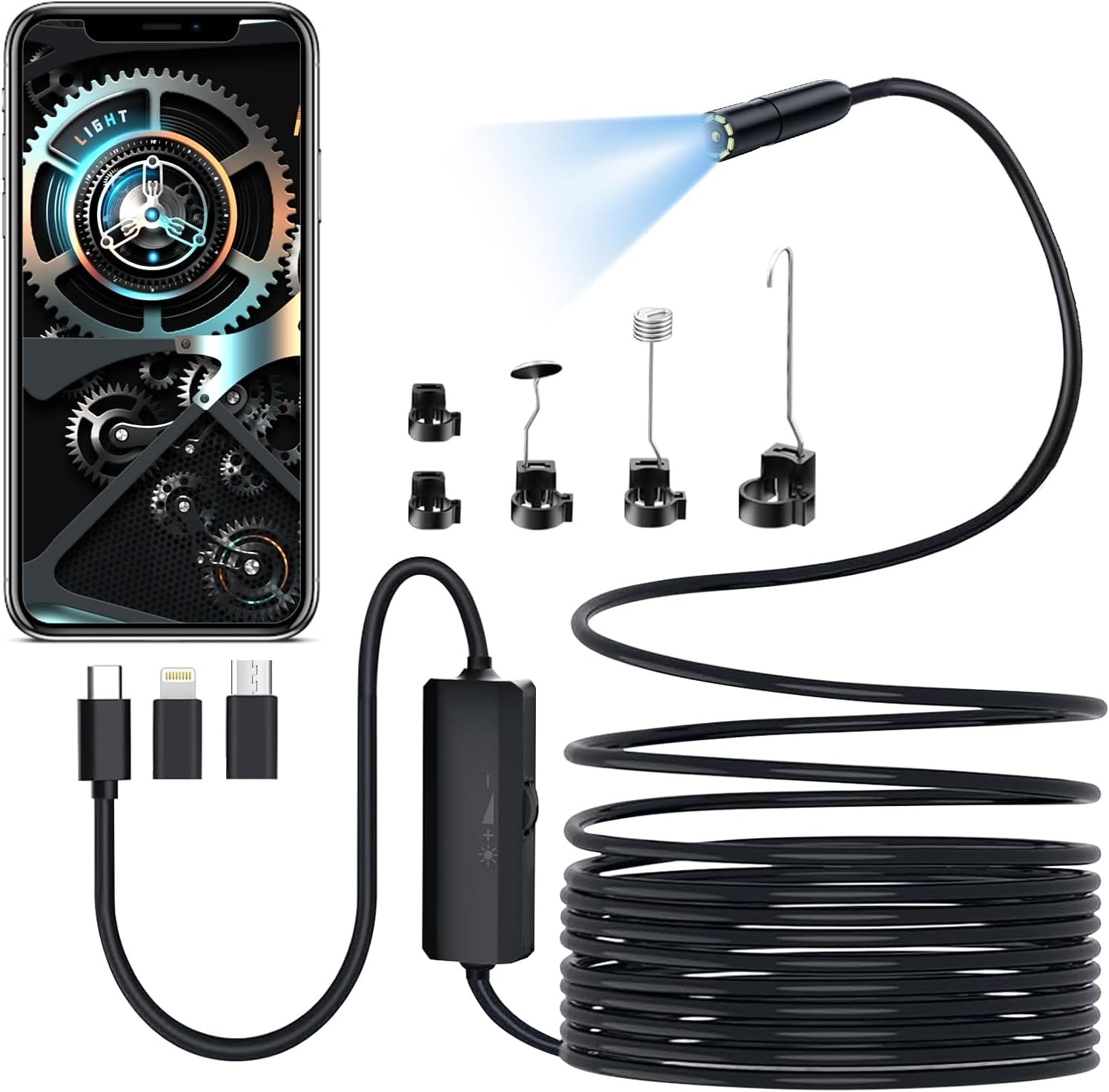 Endoscopio 5m para Móvil, Cámara Endoscópica 1920x1080 HD con Lente 360° y 8 LED, Cámara de Inspección Tuberías Impermeable IP67, Boroscopio USB Tipo C/Lightning Directo sin WiFi para iOS/Android