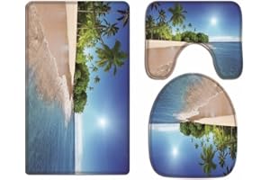 A.Monamour Badezimmer Badematte 3 Teilig Set Tropische Insel Palme Blau Ozean Strand Strand Landschaft Weich Bad Matte Teppich Flanell Saugfähig Badteppiche Badvorleger Badgarnitur WC Vorleger
