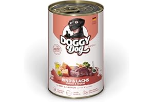 DOGGY Dog Paté Boeuf et Saumon 6 x 400 g - Nourriture Humide pour Chien - sans céréales - avec Huile de Saumon et Moule à lèvres Vertes - Aliment Complet avec Carottes et Brocoli - Fabriqué en
