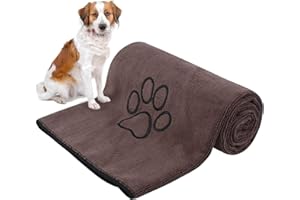KinHwa Serviette pour Chien Super Absorbant, 76cm x 127cm Grande Serviette Chien avec Brodé Patte Impression pour la Pluie,la Douche et la Natation Marron
