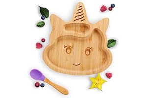Kleiner Fuchs Hochwertiges Bambus Teller mit Saugnapf, Rutschfestem Saugnapf mit passendem Baby Löffel Macht Mahlzeiten Spaß, Bambus Geschirr Set mit Geschenkbox - Essenlernen mit Einhorn Design