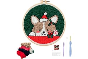 JSRQT Punch Needle Kit Christmas Chien Broderie pour Adultes Enfants Débutants Crafts D'aiguilles à Poinçonner Adjustable de Poinçon avec Instructions Noël