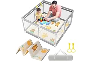 YUMBOT Parc Bebe 120x120cm avec Tapis,Parc Bébé Pliable, Parc Enfant avec Maille Douce Respirante,Modulable avec Matelas,Base Antidérapante, Intérieur et Extérieur