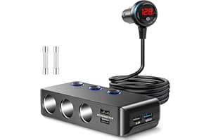 CHGEEK Cigarette Lighter USB Charger, Cigarette Lighter Adapter Plug, 180W 12V/24V DC Multi Socket Car Charger Splitter 3 Cigarette Sockets 4 USB Ports(8.5A) Fast Charging Power Outlet Black