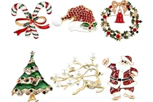 QUOHE 6 Piezas Pin Broches de Navidad, Broche de Diamantes de Imitación Decoraciones Navideñas de Cristal para Ropa, Papá Noel Árbol Broches Adornos Regalos Joyería Navideños para Mujer Niña Niños