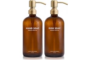 Vine Creations Amber Glass Soap Dispenser Set, Dish Soap and Hand Soap Dispenser Set with Stainless Steel Pump, 16 oz Glass Dispensers for Kitchen or Bathroom Decor (Amber Bottle/Brushed Brass Pump)