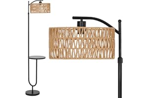 LuminexDesigns Lampadaire Vintage avec Étagères – Lampe sur Pied de Salon Noir Métal en Rotin Boho, Hauteur réglable 152 à 176cm, Douille E27, Câble de 2m avec interrupteur au pied, pour et Chambre