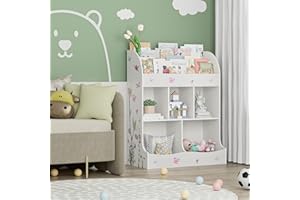 HOCSOK Regał dziecięcy, regał na zabawki z 5 półkami i 2 otwartymi półkami, organizer na zabawki, regał na książki, do pokoju dziecięcego z drewna, do sypialni, przedszkola, biały, 104 x 82 x 40 cm