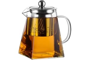 Amisglass Teiera in Borosilicato Vetro con Infusore e Coperchio in Acciaio Inox SUS304, Teiera per tè, 100% Senza Piombo - 800 ml