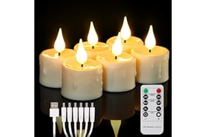 ‎FREEPOWER FREEPOWER 6er Aufladbare LED Teelichter mit Fernbedienung Timer Flackern Warmweiß Dimmbar Elektrische Wiederaufladbare Kerzen mit USB-Kabel, Halloween Weihnachten Familie Deko, Ø4x5.5cm