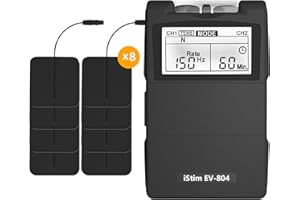 iStim EV-804 TENS/EMS Electroestimulador Muscular– Unidad Digital de 2 Canales con 8 Electrodos Reutilizables, Portátil para Alivio del Dolor, Rehabilitación, Terapia Física y Fortalecimiento Muscular
