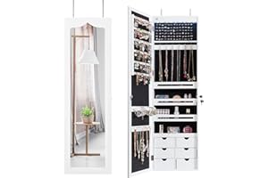 Multigot 5 LED Lights Jewellery Cabinet, Hanging or Wall Mounted Ornament Armoire, Full Length Mirror Lockable Makeup Storage Organizer (White)