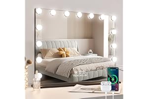 FENCHILIN Specchio Trucco con Luci Specchio Trucco con 15 Lampadine LED Porta di Ricarica USB-C&A Specchio Trucco da Parete Tavolo controllo touch 3 temperature di colore Specchio Hollywood 58x46cm