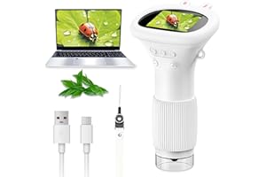 RNOQAMY Microscope Enfants, Microscope de Poche Portable avec Écran IPS 2,0 Pouces, Loupe Enfant Rechargeable, Grossissement 1000x, 8 Éclairages LED (Blanc