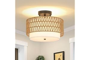 Rayofly Lámpara de Techo Boho para Salón, Lámpara de Techo Vintage de Ratán con Pantalla de Lino, Lámpara de Techo Semi Flush Mount de Bambú para Dormitorio Cocina Pasillo Comedor, Negro