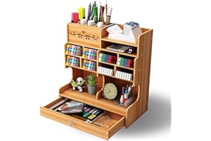 Vikmyer Wooden Pencil Holder, Desk Organizer Multi-Functional Desktop stationery Pen Holder Box for Home Office School Supply Storage Rack with Drawer (Cherry-b18)