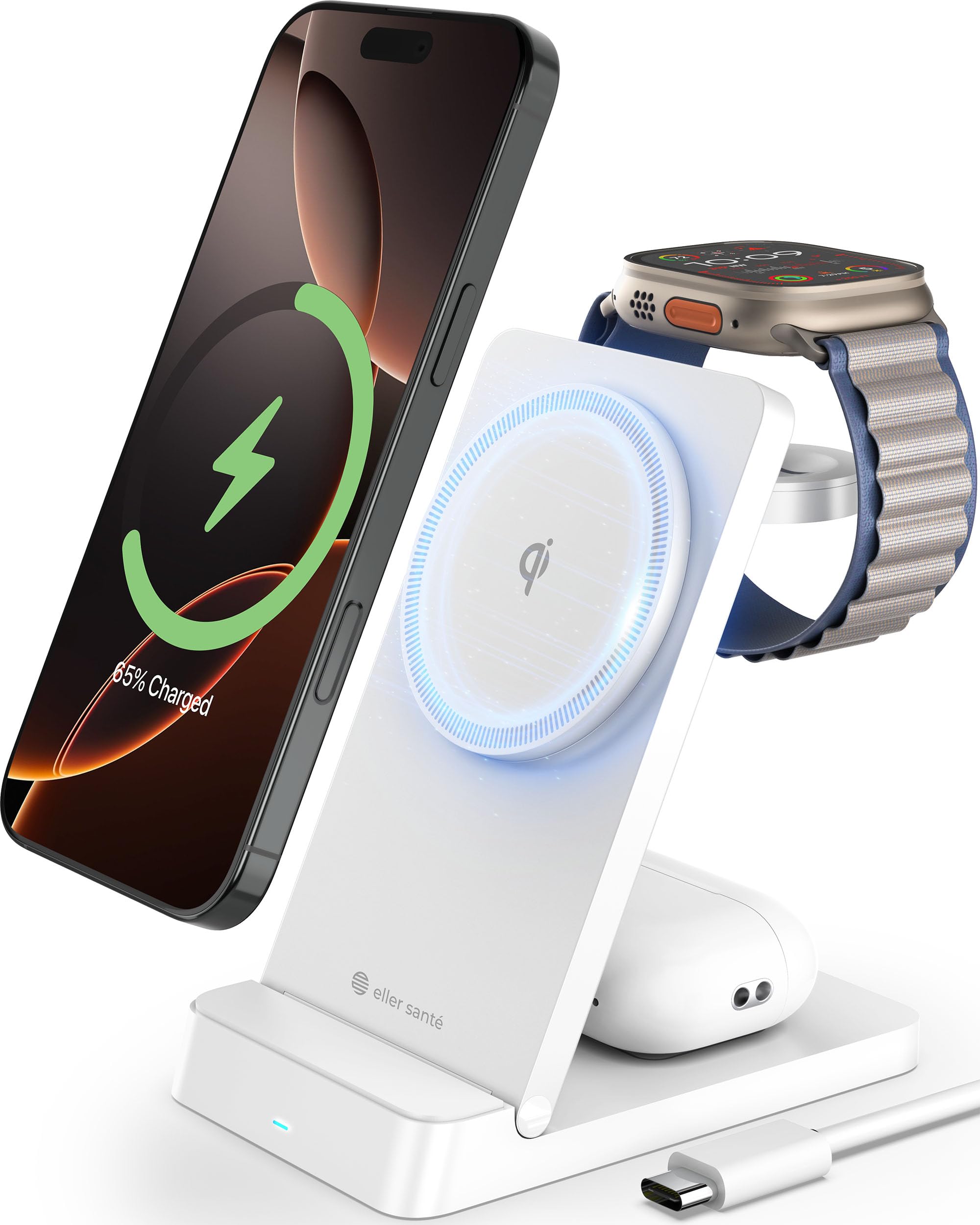 eller santé® NEXFOLD 3in1 Wireless Charger 23W Magnetic Mag-Safe for 16/16 Plus/16 Pro/16 Pro Max, iPhone 15/15 Plus/15 Pro/15 Pro Max, iPhone 14/13/12, Airpods, Series 9/8/7/6/5/4/SE-White