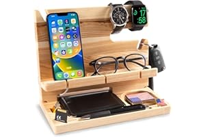 GRETA OTO GRETAOTO Station de Charge en Bois pour Téléphone, Tablette, Montre, Portefeuille, Accessoires, Support Rangement Bureau, Organisateur de Bureau, Table de Nuit, Cadeaux Hommes (Beige)