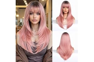 Esmee Lunga Liscia Parrucche Rosa per Donne con Frange - Capelli Sintetici Naturali - Parrucca Ombre per Uso Quotidiano e Feste