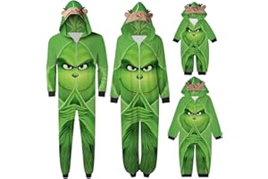 QWUVEDS Schlafanzug Weihnachten Grinch Pyjama Einteiler Pyjamas Sets für Familie, Niedlicher Weihnachts Einteiler Schlafanzüge mit Kapuze, Hausanzug Nachtwäsche für Damen Herren Kinder Baby 343