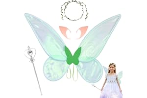 Hereneer Feenflügel Damen Mädchen Schmetterlingsflügel Elfenflügel mit Elfenohren, Blumenkranz und Zauberstab, Karnevalskostüme Schmetterling Flügel Fee Party Feenkostüm für Kinder Erwachsene (Grün)