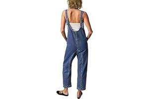 FZKun Peto Vaquero Para Mujer - Informal Escote En V Corte Holgado Tirantes Ajustables Pantalones Vaqueros Con Bolsillos Mono Cargo Con Piernas Rectas Tirantes Rompers