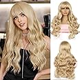 QUEENTAS 23 Inch Long Blonde Hair Wig for Women Full Head Wavy Cruly Wigs with Bangs Diwali Synthetic Hair Wig
