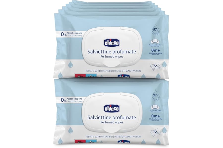 Chicco Multi-purpose Baby Wipes with Alcohol Free Plaque Scented for Sensitive Skin, Multipack of 864 Wipes, 12 Packs of 72 Cloths