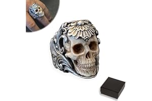 SAKEMA Vintage Polish Floral Armor Antler Skull Ring, Adjustable Open Gothic Punk Antique Style Skull Ring, Devil Ring Biker Jewelry for Men Women