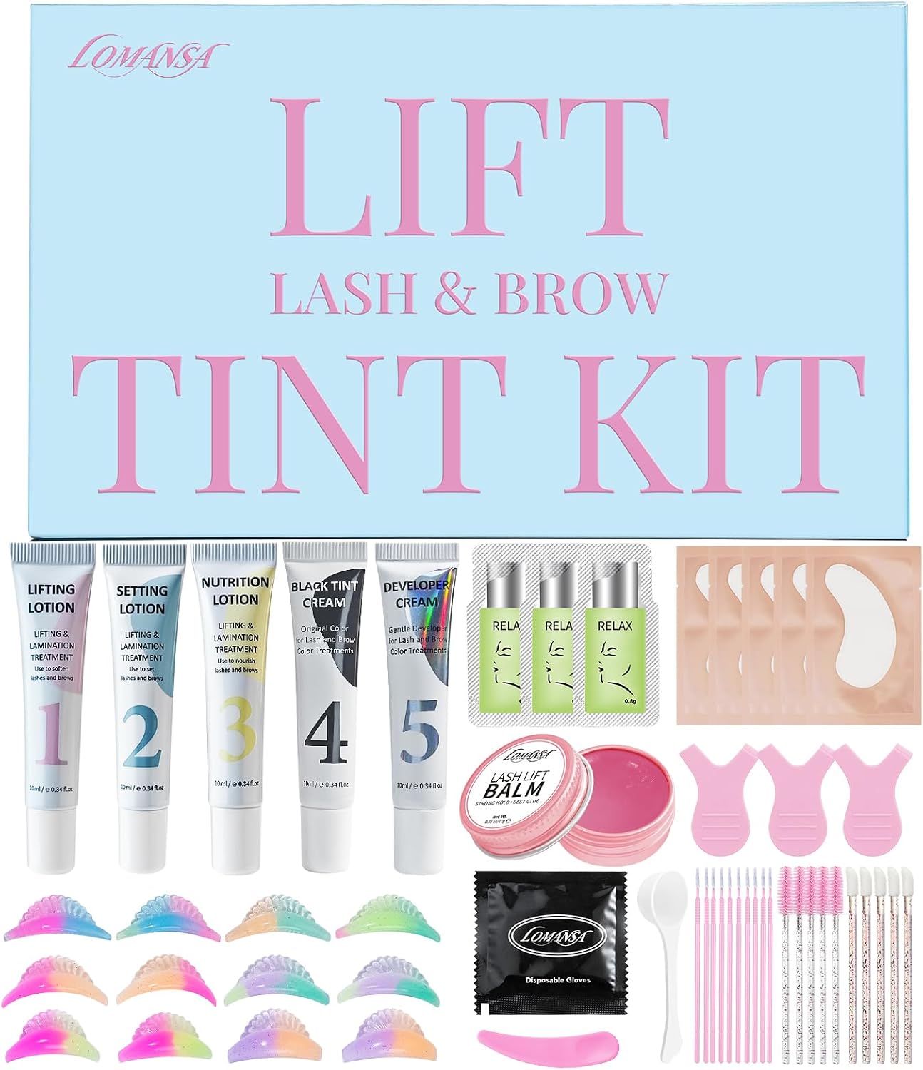 Lomansa Lifting Pestañas Kit, Lash Lift Kit y Tinte Pestañas, Kit 2 en 1 de Lifting Pestañas para Salón en Casa, Diseño Tubular, 6 Almohadillas para Todas las Formas de Ojos