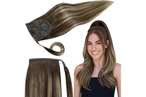 ‎RUNATURE RUNATURE 30cm Zopf Extensions Echthaar Balayage Dunkelbraun mit Karamellblond Ombre Zopf Haarverlangerung Clip in Ponytail Echthaar 12 Zoll 70g #4/27/4
