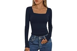 Aottori Maglie Donna Maniche Lunghe Scollo Quadrato Maglietta Elasticizzato Coste Tee Shirt Elegante T Shirt Slim Fit Sottogiacca Basic Top Leggera Casual