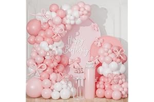 FAIRYMAIDEN Pink Bow Balloon Arch Kit, 130pcs Baby Pink and White Balloons Arch with Light Peach white Latex Helium Balloon, Bow Princess Balloons for Baby Shower Girls Birthday Party Decorations Wedding